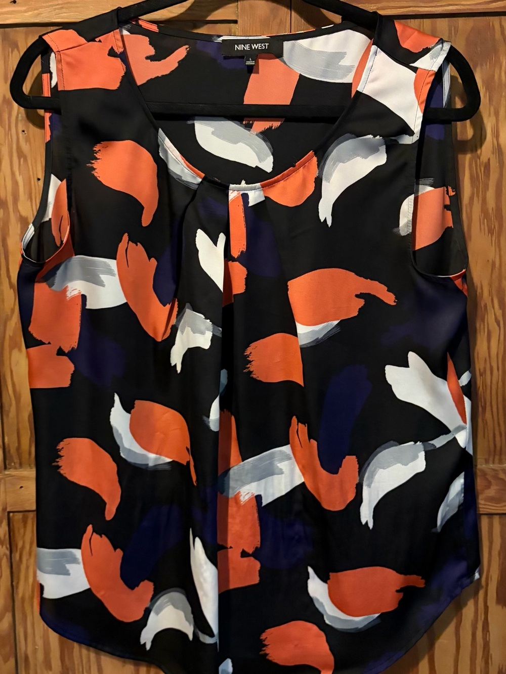 Nine West Black Sleeveless Top. Orange, White & Navy Brushstroke Print. Large